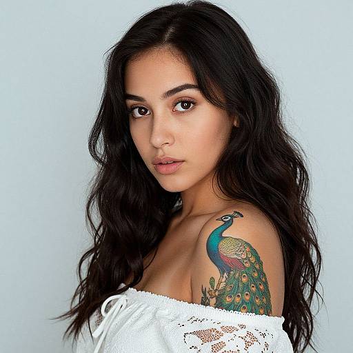 Photograph of a young woman with long, wavy black hair, olive skin, and a peacock tattoo on her right shoulder, wearing an off