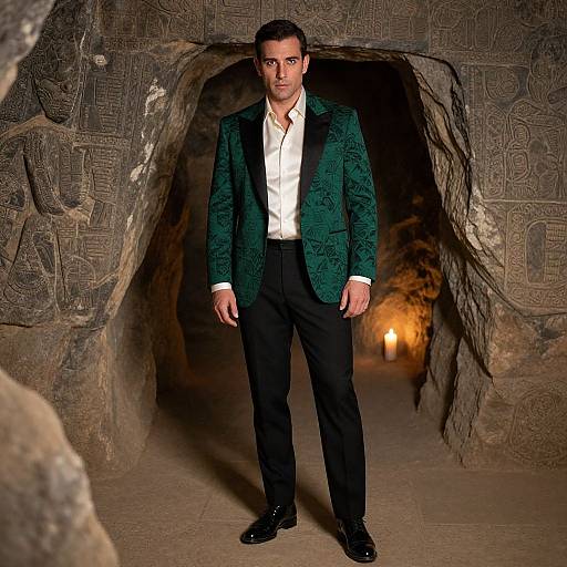 Photograph of a serious man in a green velvet blazer, white shirt, and black pants standing in an ancient, carved stone cave with a lit
