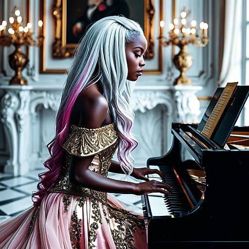 Photograph of a dark-skinned woman with long, white-to-pink ombre hair, playing a grand piano in an ornate, candle