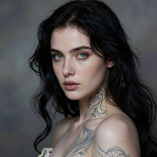 Photograph of a pale-skinned, green-eyed woman with long, wavy black hair, revealing intricate shoulder tattoos, against a blurred gray background.