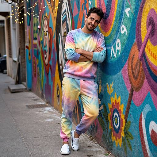 Photograph of a smiling South Asian man with dark hair, wearing a tie-dye sweatshirt and pants, leaning against a vibrant, colorful graffiti wall