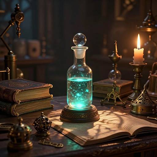 Photograph of a dimly lit, vintage study with a glowing blue liquid-filled glass bottle on an ornate stand, surrounded by books, candles,