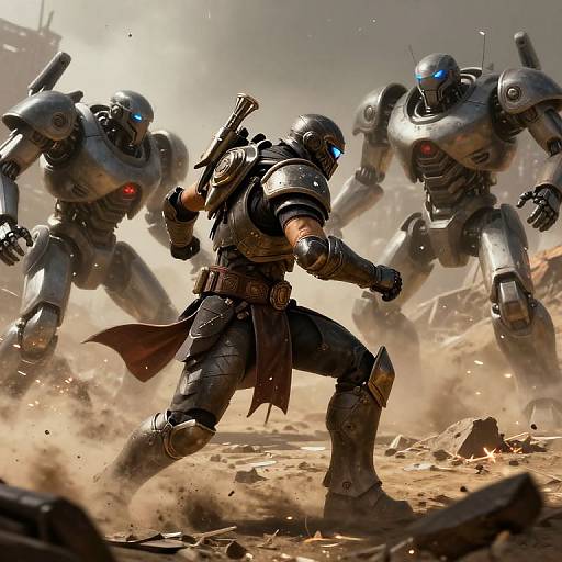 Digital artwork of a armored warrior with glowing blue eyes, dodging three futuristic, robotic mechs in a dusty, rocky battlefield.
