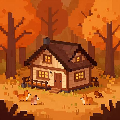 Pixel art of a quaint, wooden house with a brown roof in an autumn forest, surrounded by vibrant orange and yellow leaves, and playful foxes.