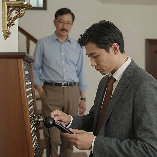 Man Using Old-Fashioned Phone Panel Indoors