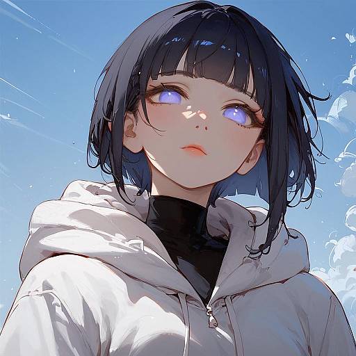 Anime Girl with Shiny Black Hair and White Hoodie