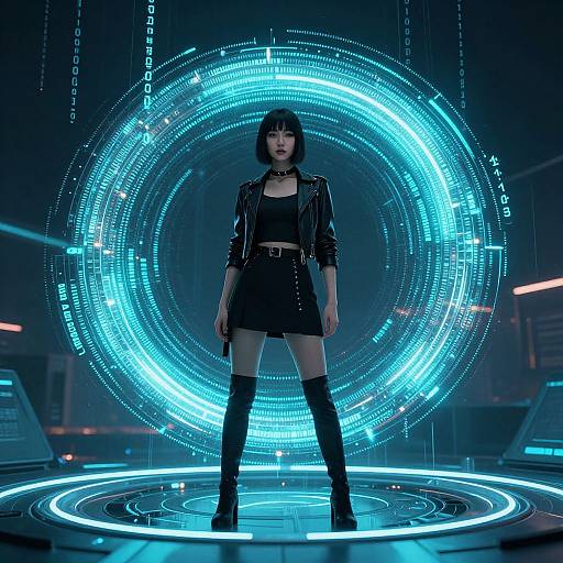 Photorealistic digital artwork of a confident Asian woman in black leather jacket, skirt, and thigh-high boots, standing on glowing circular platform with neon blue