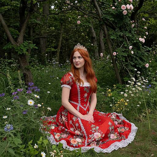Photograph of a red-haired woman with fair skin, wearing a red floral dress and tiara, sitting in a lush forest meadow with wildflowers