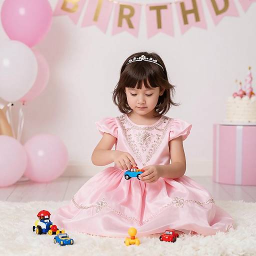 Photograph of a young girl in a pink dress and tiara, playing with toy cars on a white rug, surrounded by pink balloons and birthday decorations