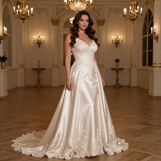 Photograph of a dark-haired woman in a white satin wedding dress with lace detailing, standing in an elegant, chandelier-lit ballroom.