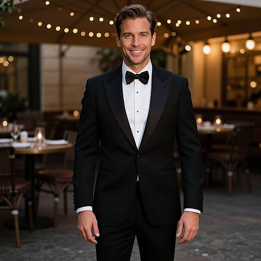Photograph of a smiling man in a black tuxedo with a white shirt and black bow tie, standing outdoors at a warmly lit, string-l