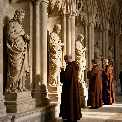 Ethereal Cathedral With Monks and Statues