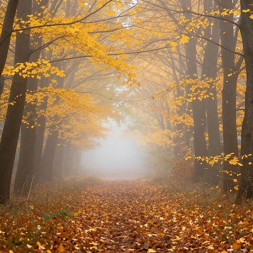 Photograph of a misty forest path covered in vibrant orange autumn leaves, with tall trees on either side and sunlight filtering through.