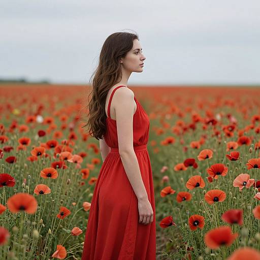 Woman in Crimson Among Fiery Poppies