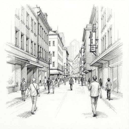 Black-and-white sketch of a bustling city street with people walking between tall buildings, shop signs, and awnings, capturing urban life.
