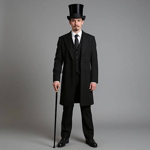 Photograph of a man with a mustache, wearing a black top hat, long black overcoat, white shirt, black tie, holding a cane