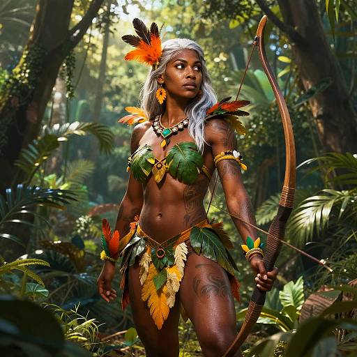 Photograph of a muscular, dark-skinned woman with white hair, tribal feathers, green leaf bikini, and bow, standing in a lush jungle.