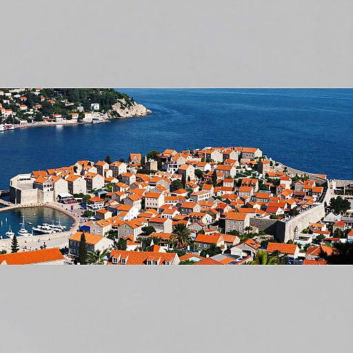 Aerial photograph of a coastal Mediterranean town with red-tiled roofs, white buildings, and vibrant blue sea in the background.
