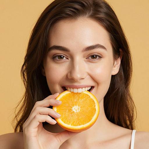 Photograph of a smiling young woman with fair skin and dark brown hair, holding a bright orange slice to her mouth against a yellow background.