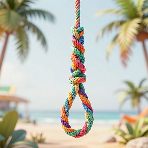 Brightly colored rope knot hanging in a tropical beach setting with blurred palm trees and ocean background. Photograph.
