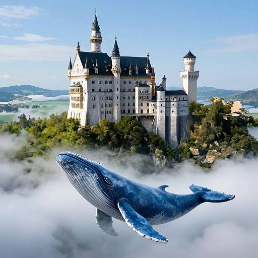 Photorealistic digital artwork of a majestic blue whale flying above a grand, medieval castle surrounded by mist and lush greenery.