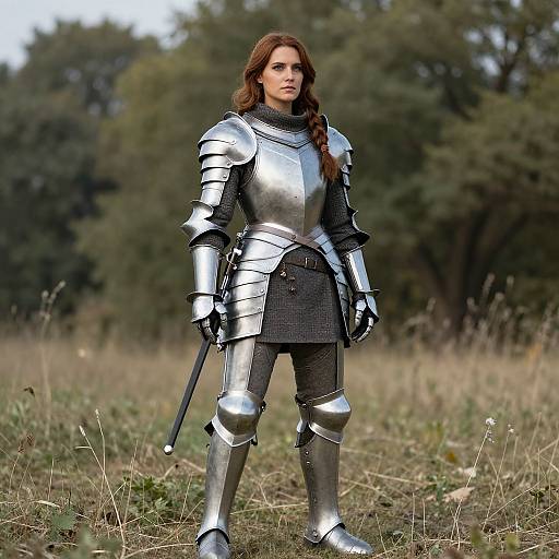 Photograph of a serious, fair-skinned woman with long brown hair in full medieval silver armor, holding a sword, standing in a grassy,