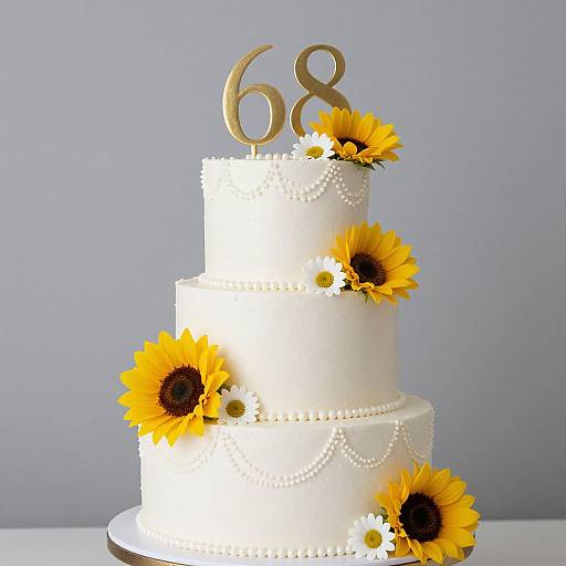 Photograph of a three-tiered white wedding cake with golden 