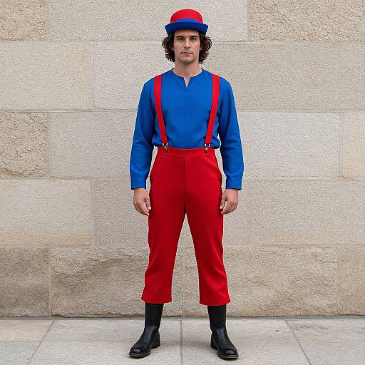 Photograph of a man with curly hair, blue shirt, red suspenders, red pants, blue hat, black boots, standing against a beige stone