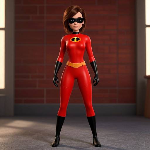 3D CGI of Elastigirl from The Incredibles, standing confidently in a red superhero suit with black gloves and boots, yellow belt,