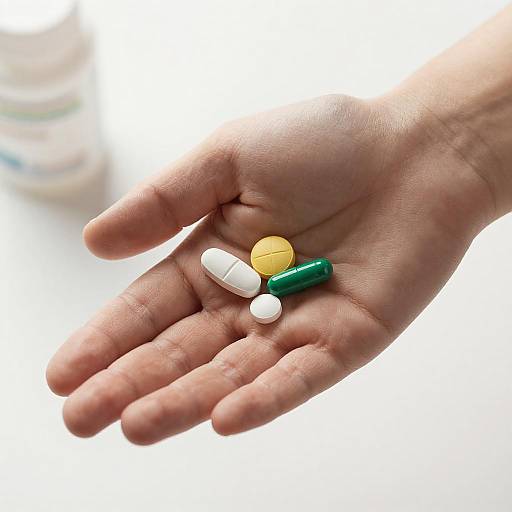 Hand Holding Colorful Pills in Bright Light