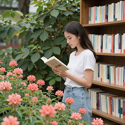Photograph of an Asian woman with long black hair, wearing a white t-shirt and blue jeans, reading a book beside a flowerbed with pink flowers