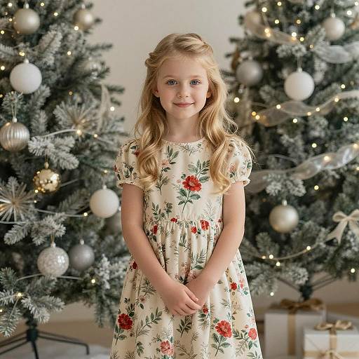 Young Girl in Floral Dress by Christmas Trees