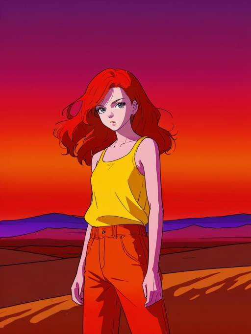 Confident Anime Woman in Desert at Sunset