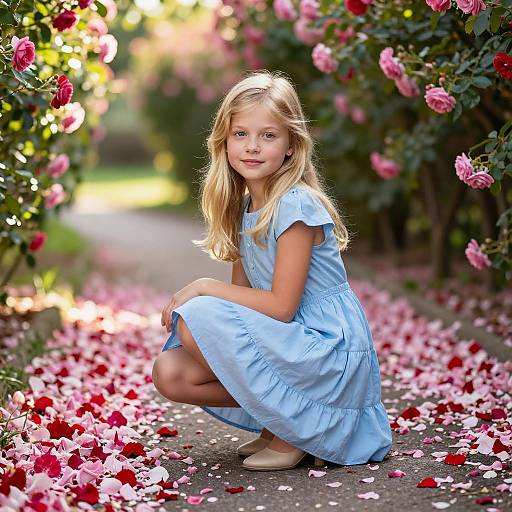 Young Blonde Girl Among Rose Petals
