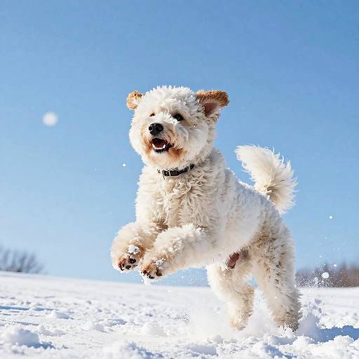 Photograph of a fluffy, white, small dog with a black collar joyfully running in a snowy field under a clear blue sky.