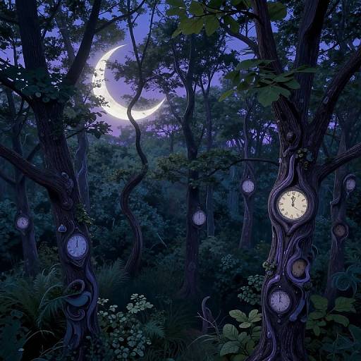 Mystical forest at night, glowing crescent moon, trees with twisted trunks, clock faces, and hanging lanterns, deep blue hues,