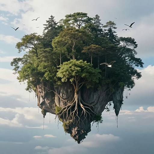 Floating forest island with dense greenery, hanging roots, and birds in flight, set against a cloudy sky. Digital art.