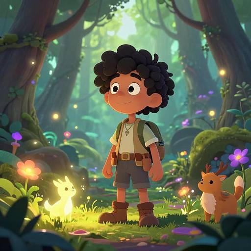Cartoon boy with curly hair, explorer outfit, backpack, stands in enchanted forest with glowing firefly, deer, and vibrant flowers. Bright sunlight filters