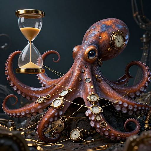Photorealistic CGI of a clockwork octopus with golden gears and clock faces, holding an hourglass, against a dark, mystical background.