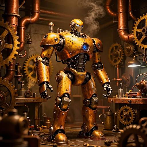 Photorealistic CGI of a gold-colored, steam-breathing, humanoid robot standing amidst an industrial workshop with copper pipes and large gears.
