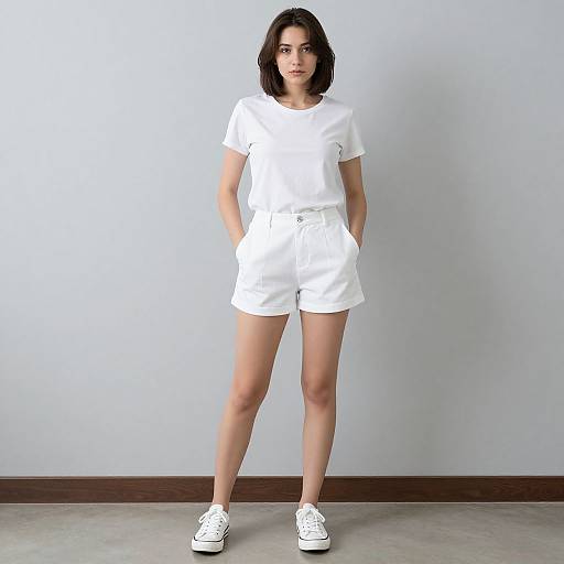 Photograph of a young woman with dark hair, wearing a white t-shirt and shorts, white sneakers, standing against a plain gray wall.