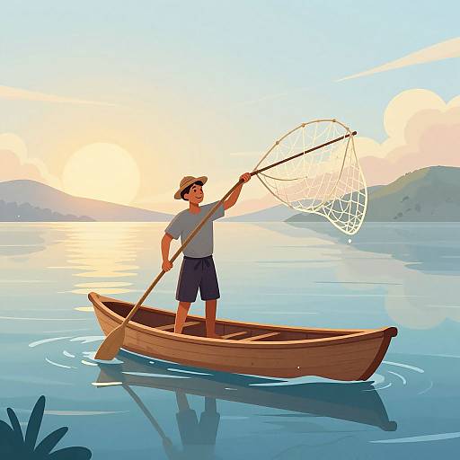 Serene Fisherman Casting Nets at Sunset