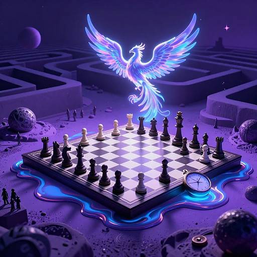 Digital artwork: Glowing blue phoenix hovers above illuminated chessboard with black and white pieces, surrounded by asteroids and miniature figures in a purple-hued