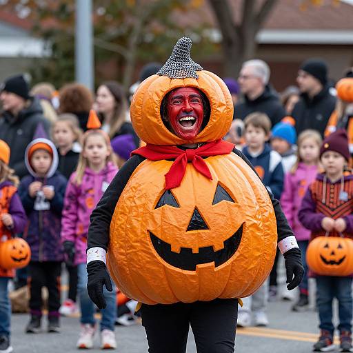 Photograph of a person in a bright orange pumpkin costume with a smiling jack-o'-lantern face, red scarf, and black gloves, standing in