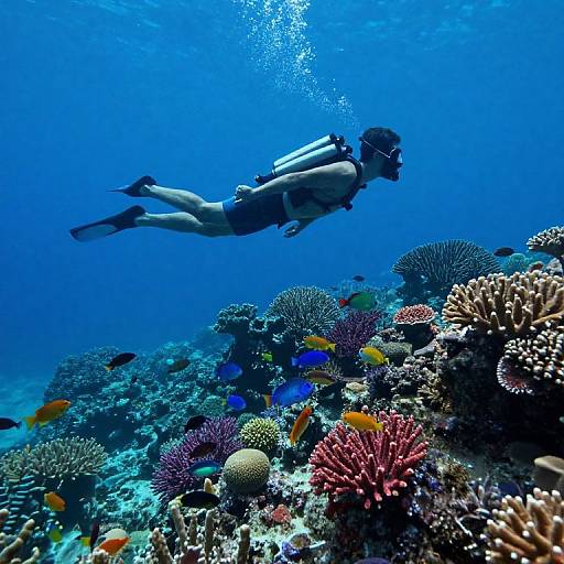 Photograph of a scuba diver with black hair and snorkel, wearing a black wetsuit and oxygen tank, swimming over a vibrant, colorful