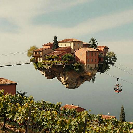 Photograph of a small, picturesque island with red-roofed buildings, surrounded by calm water, with a cable car in the foreground.