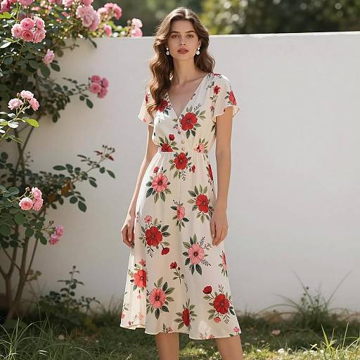Woman in Floral Summer Dress in Garden