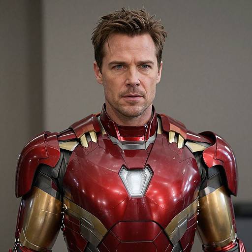 Photograph of a serious-looking man with short brown hair, wearing a shiny red and gold Iron Man suit with a glowing chest emblem.