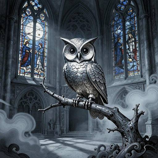 Digital drawing of a detailed, silver owl perched on a branch in a gothic cathedral with stained glass windows and mist.