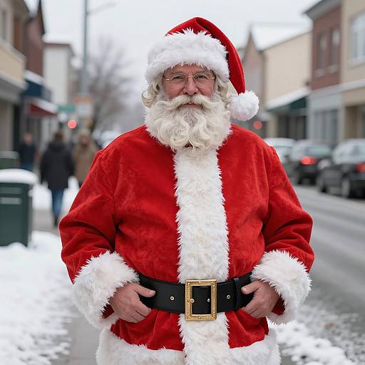 Man in Santa Costume on Snowy Urban Street